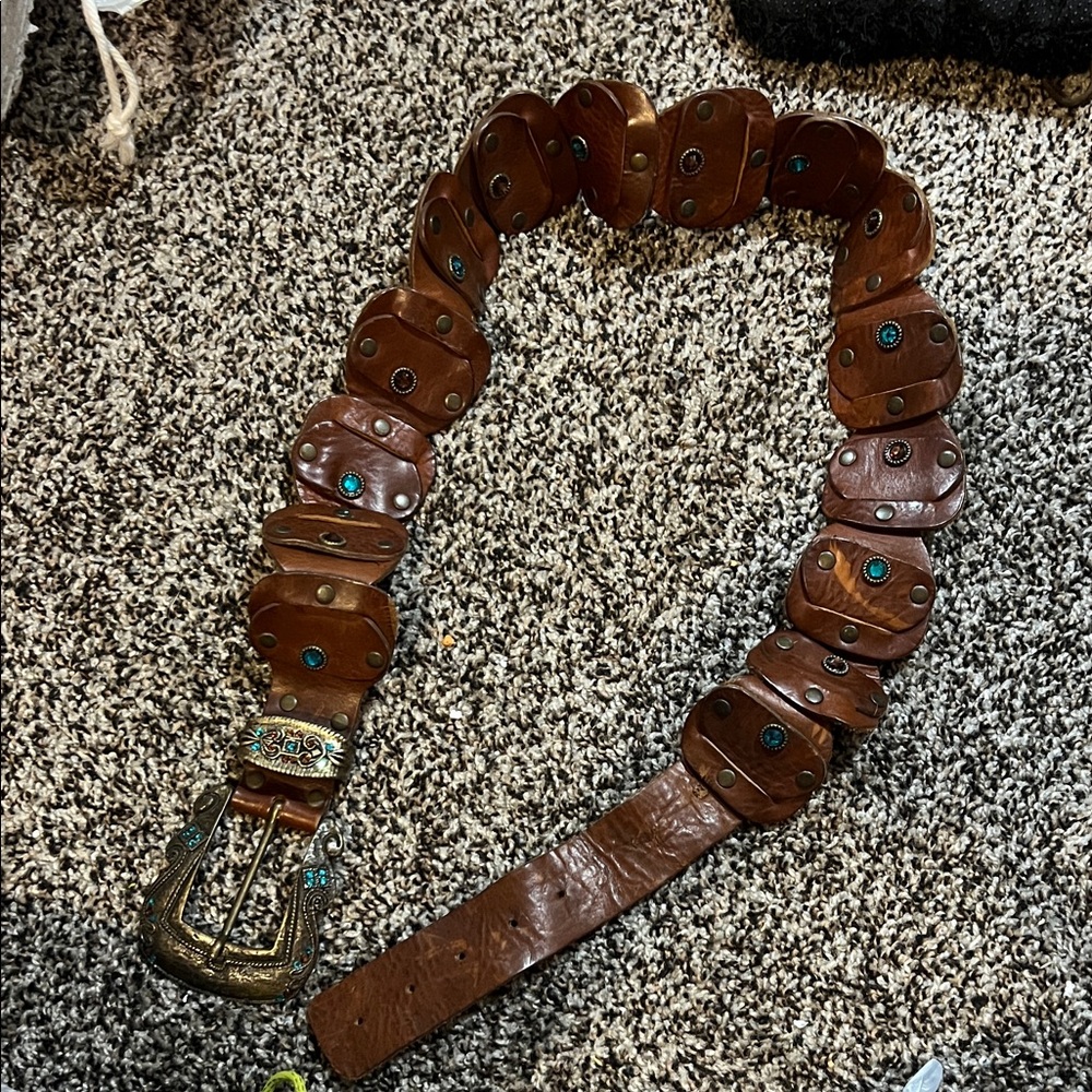 Free people Brown Leather Belt with blue crystal Accents tip to tip apx 46.25 - Picture 2 of 3